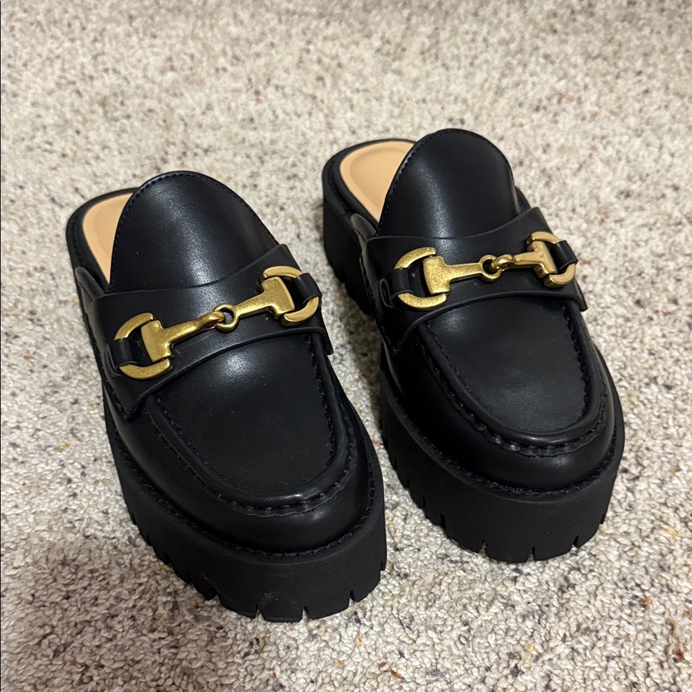 Nine West Lugsole Loafer Mules with Gold Detail